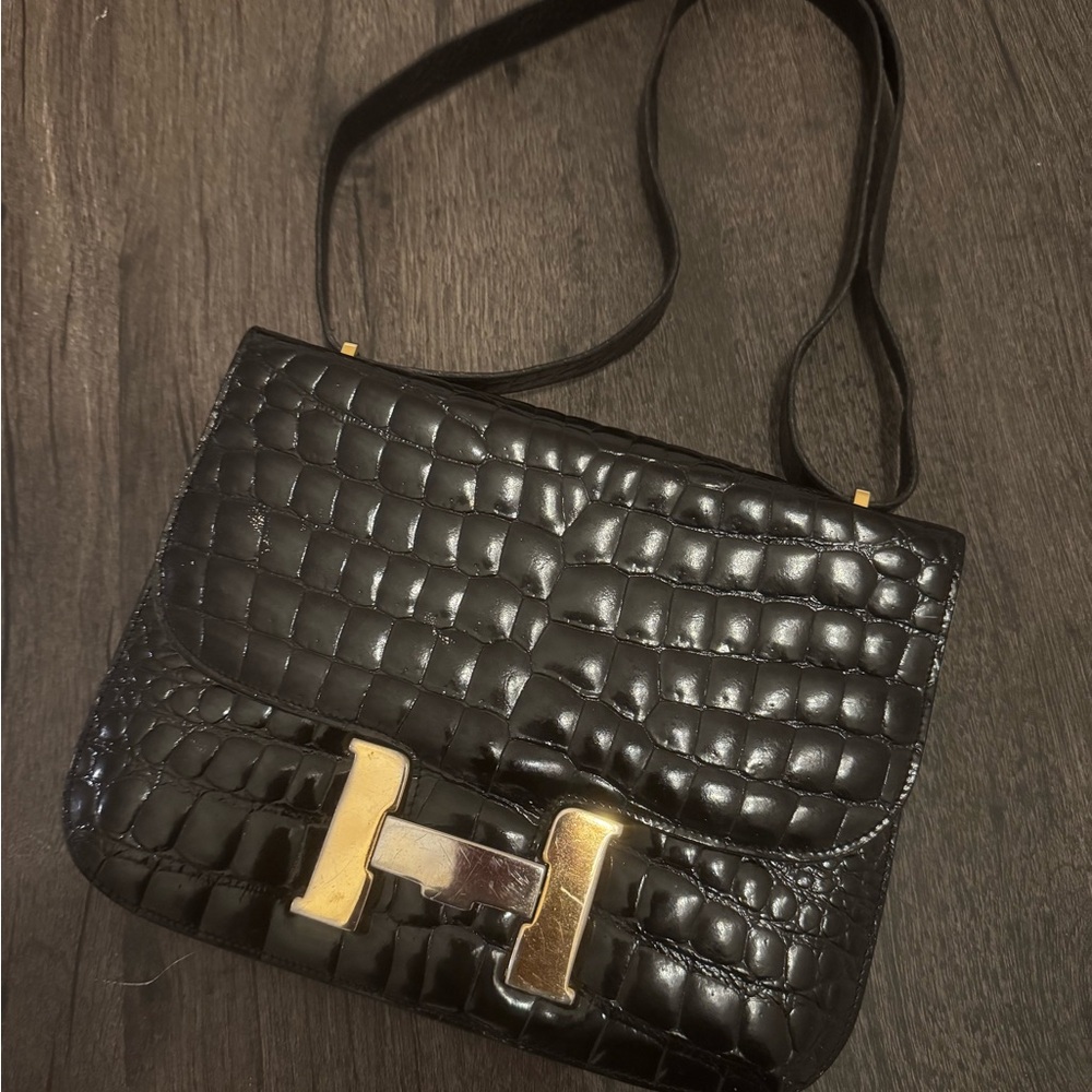 Vintage Siso Italy H Buckle Black Alligator Skin Luxury Handbag Purse Clutch